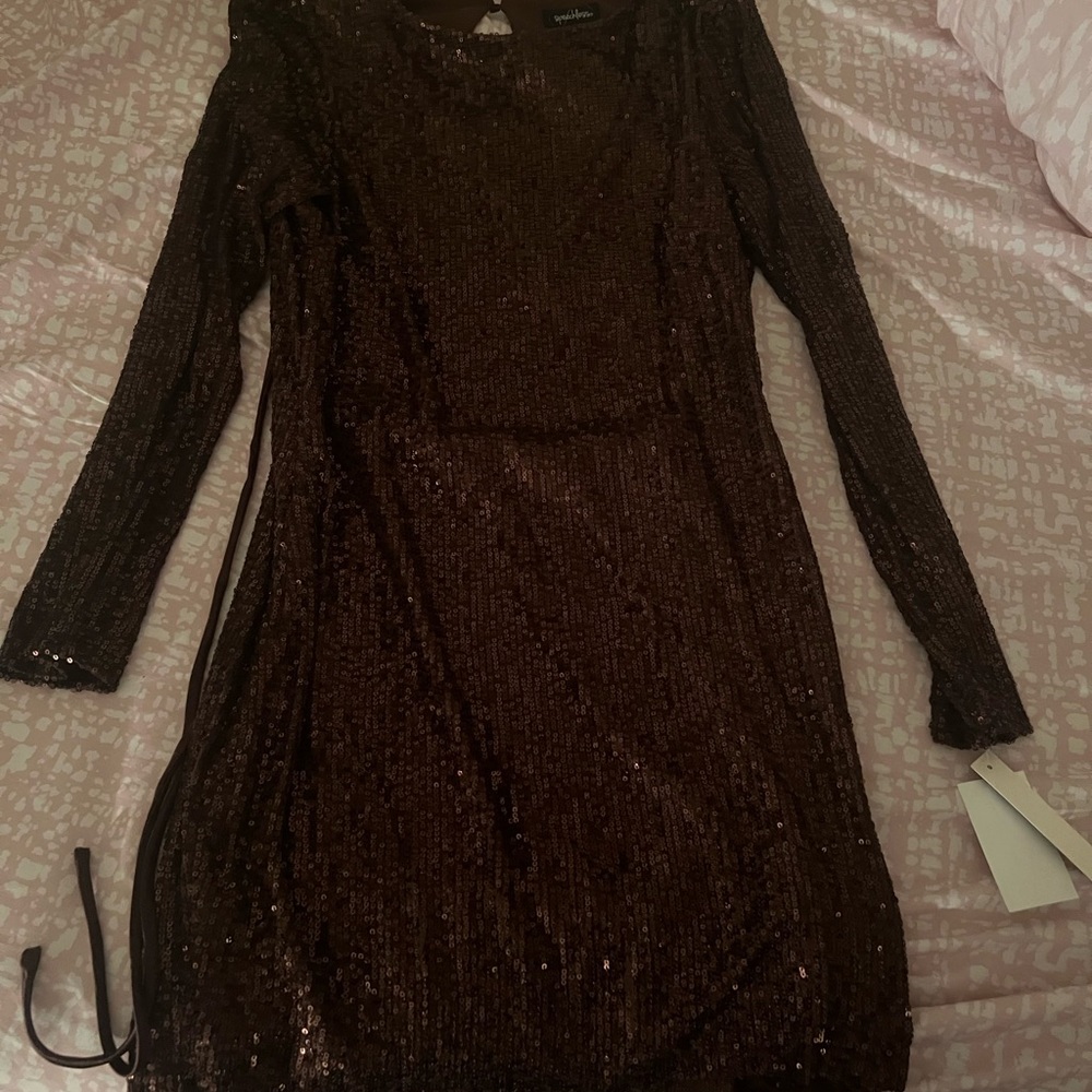 Speechless Juniors Sequined Open Back Dress, Chocolate, Size XL